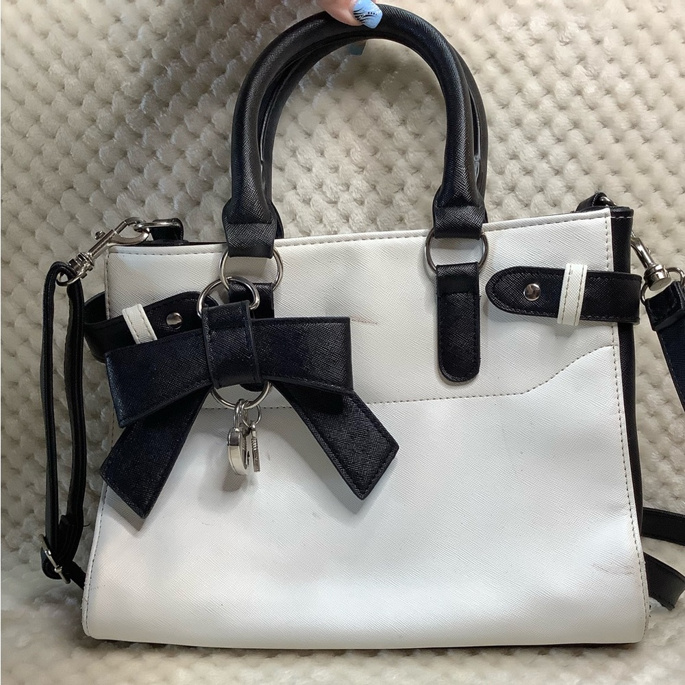 Claires Classic Black and White Handbag with Bow Accent and Shoulder Strap